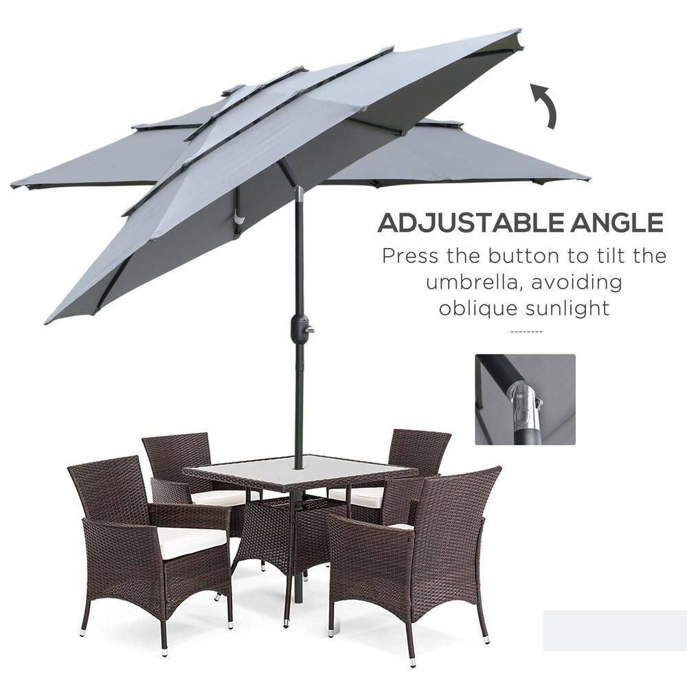 Outsunny 9' 3-Tier Patio Umbrella, Outdoor Market Umbrella with Crank and Push Button Tilt for Deck, Backyard and Lawn, Dark Gray