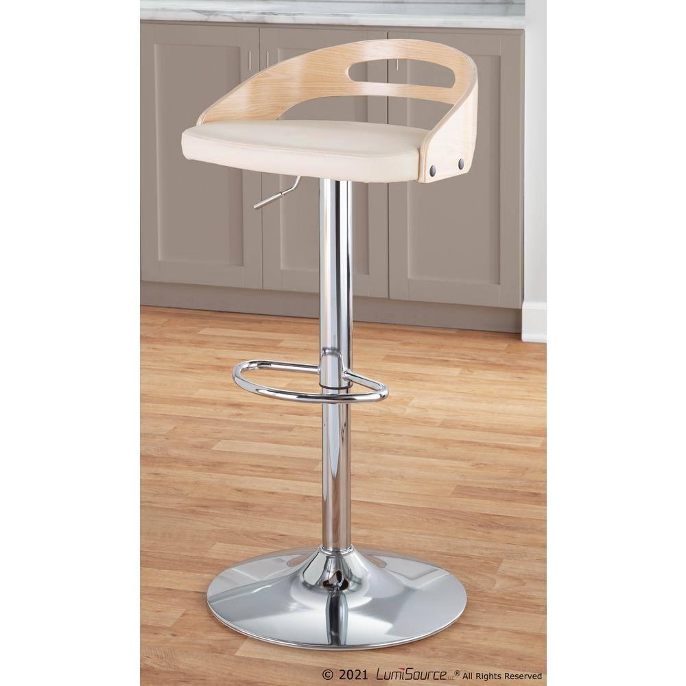 Cassis Mid-Century Modern Adjustable Barstool With Swivel In Natural Wood And Cream Faux Leather