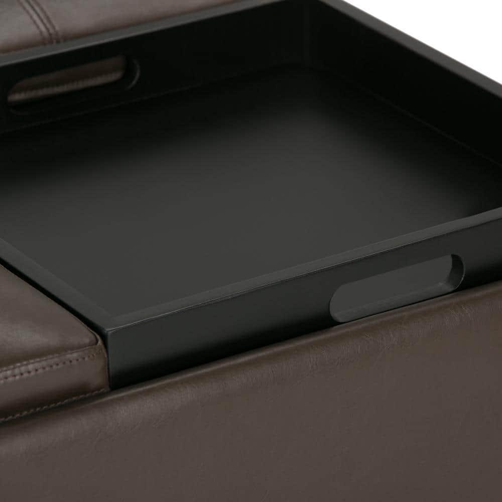 Simpli Home Avalon 35"W Upholstered Square Coffee Table Storage Ottoman with Flip-Over Trays