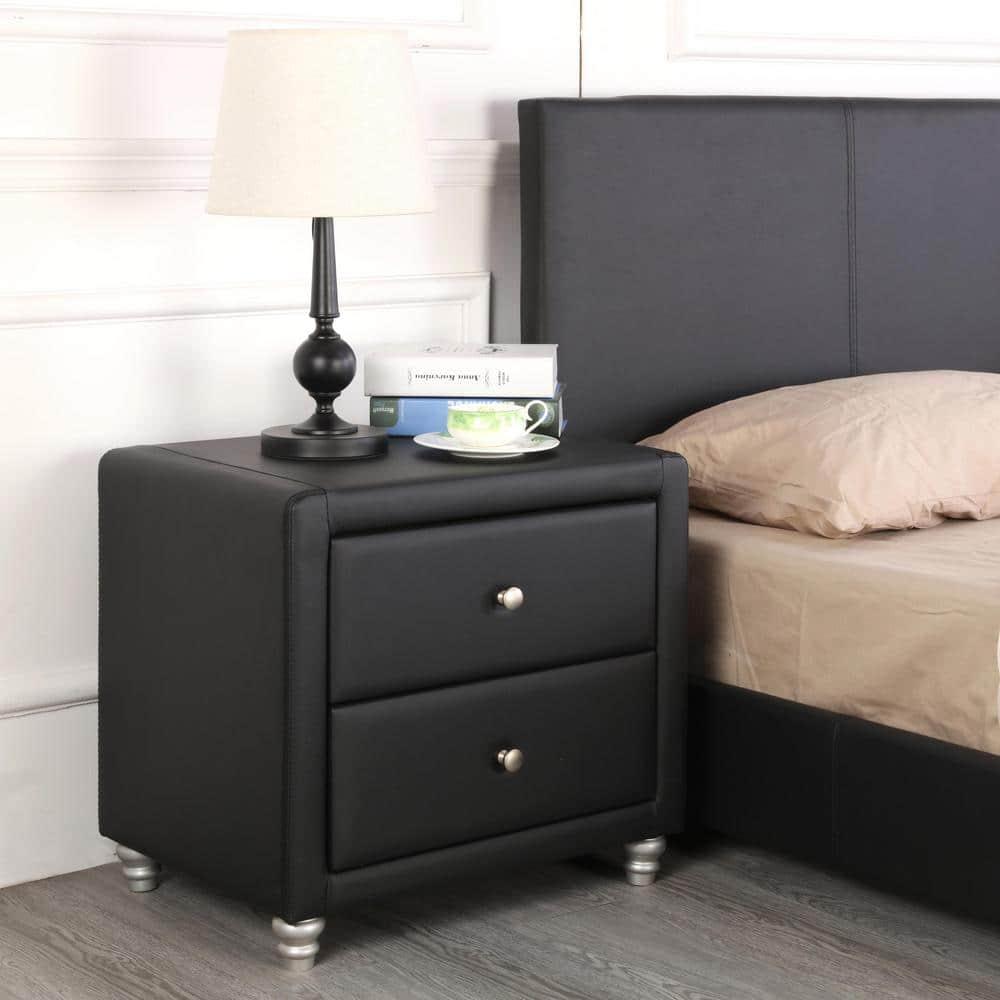 Camden Isle Upholstered 2 Drawer Nightstand in Black Faux Leather