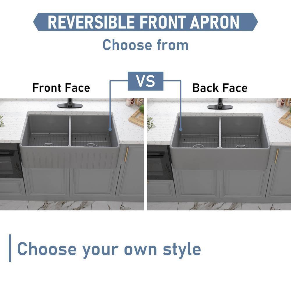 33-Inch Striped Farmhouse Reversible Apron Front Fireclay Double Bowl Kitchen Sink with Grid and Drainer，Matte Grey