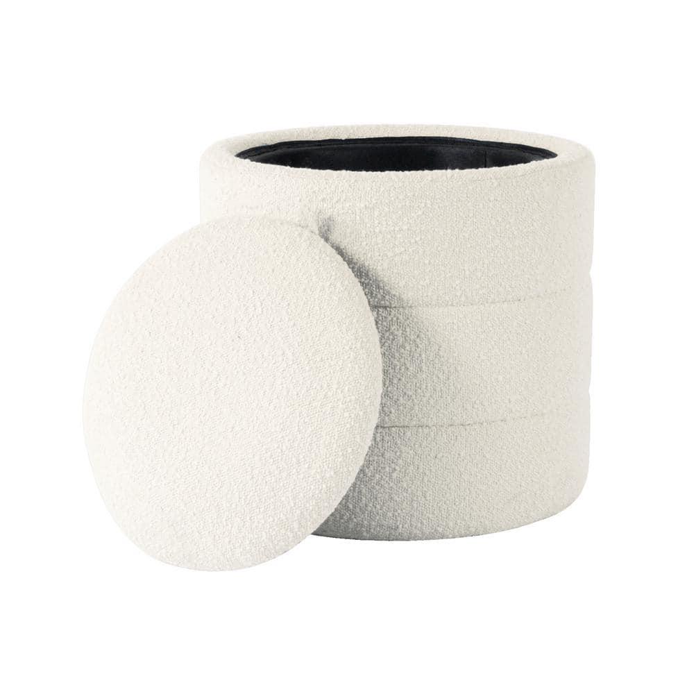 Storage Round Ottoman Cream Boucle - HomePop: Footrest, Vanity Seating, No Assembly Required