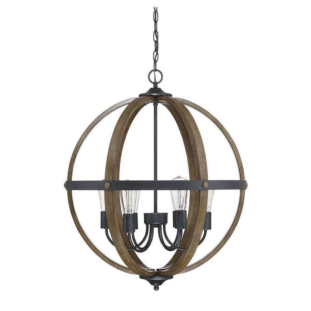 Farmhouse Wood & Black 6-Light Incandescent Pendant Chandelier