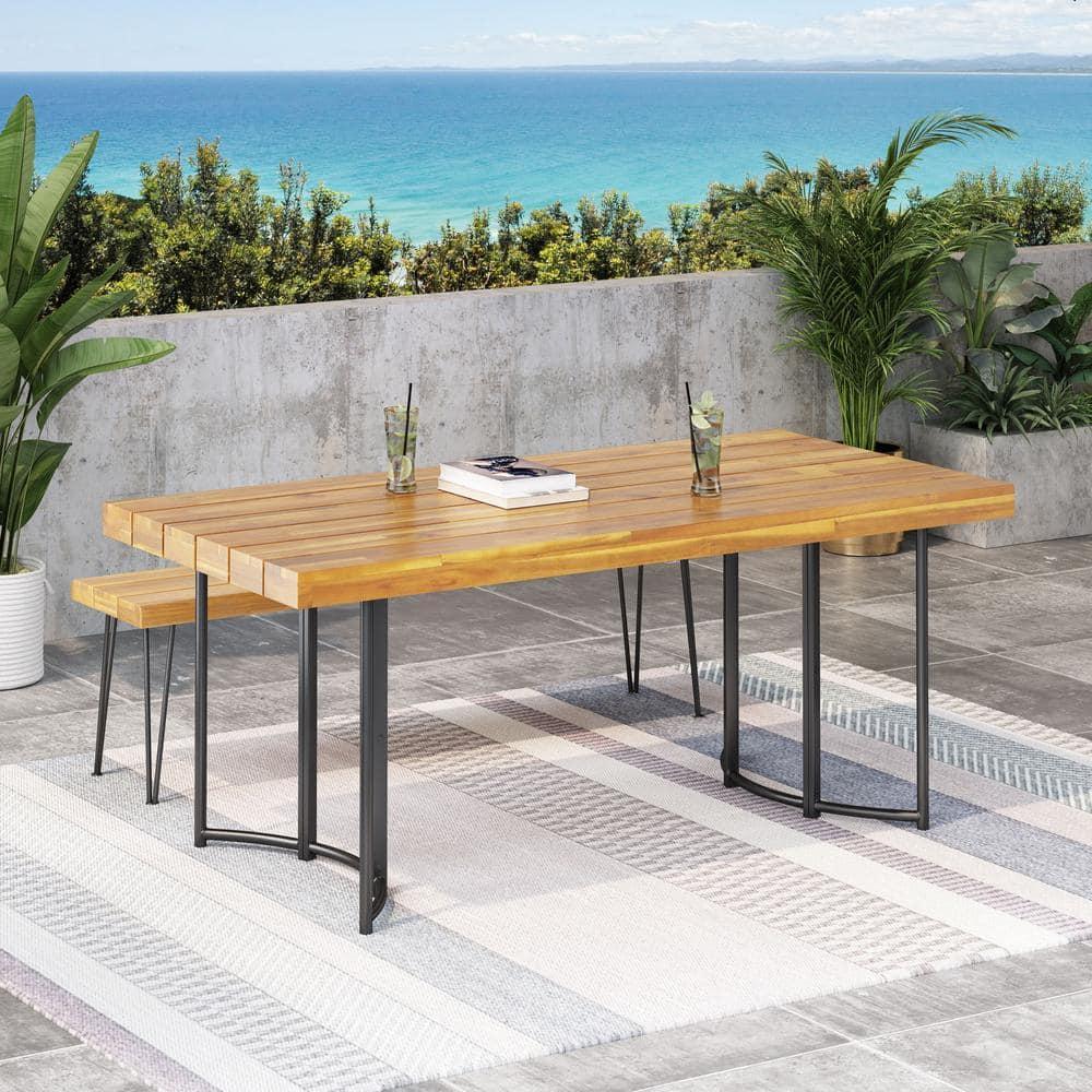 Noble House Noah 72" Modern Wood Top Patio Dining Table in Teak and Black