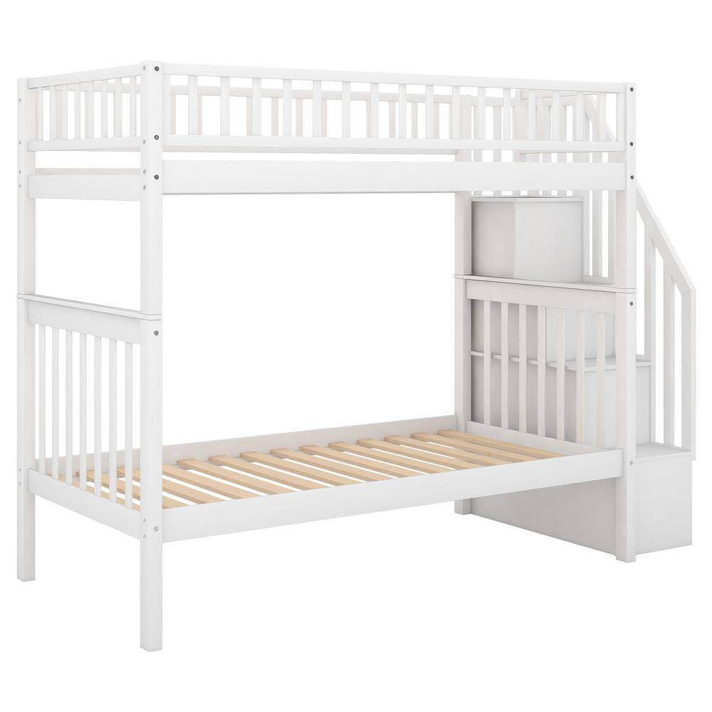 New Twin over Twin Bunk Bed with Trundle and Storage, White