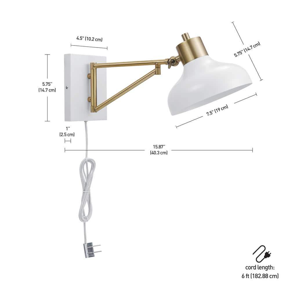 Globe Electric Berkeley 1-Light White and Brass Plug-in or Hardwire Swing Arm Indoor Wall Sconce