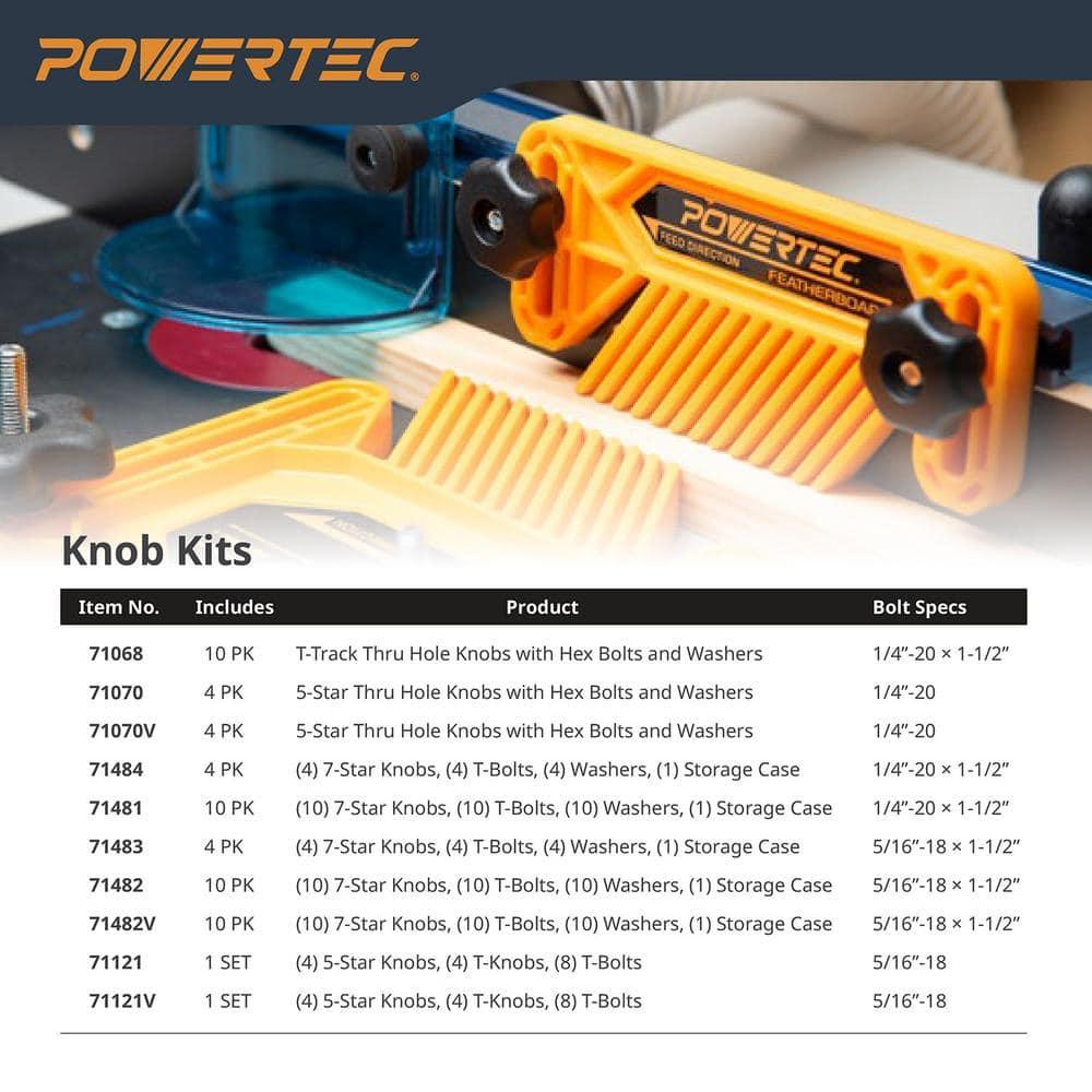 POWERTEC 10PK T Track Knob Kit w/ 7 Star Knob, 1/4-20 Threaded Bolts and Washers, T Track Bolts, T Track Accessories for Woodworking Jigs and Fixtures (71481)