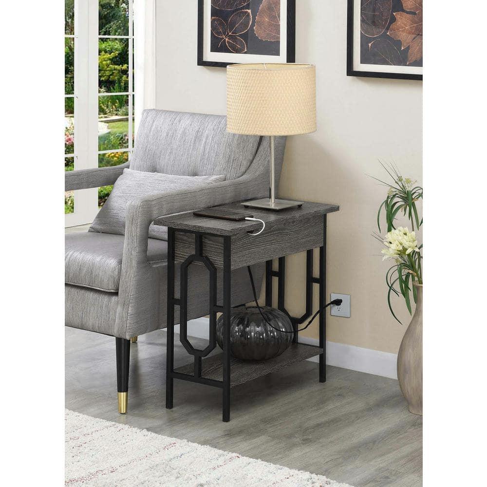 24 in. Omega Flip Top End Table with Charging Station, Weathered Gray Wood & Black