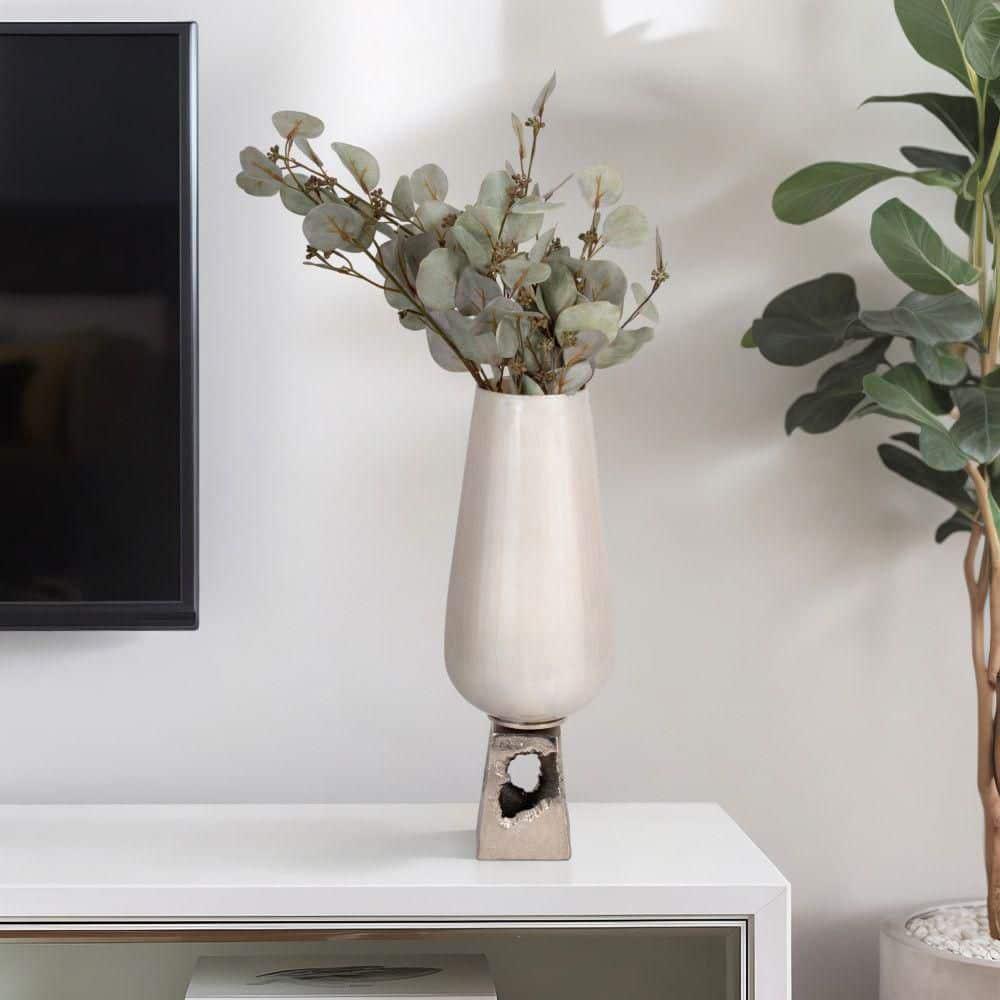 Glass, 19"h Vase with  Metal Base, Pearl White