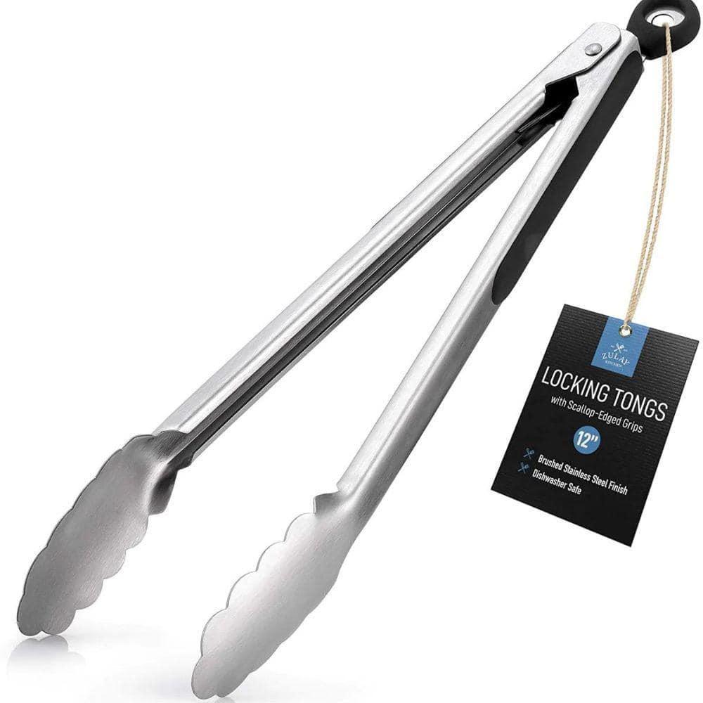 Zulay Kitchen Zulay Stainless Steel Tongs For Cooking - Scallop Head Edge Kitchen Tongs - Easy Grip BBQ Grill Tongs With Lock
