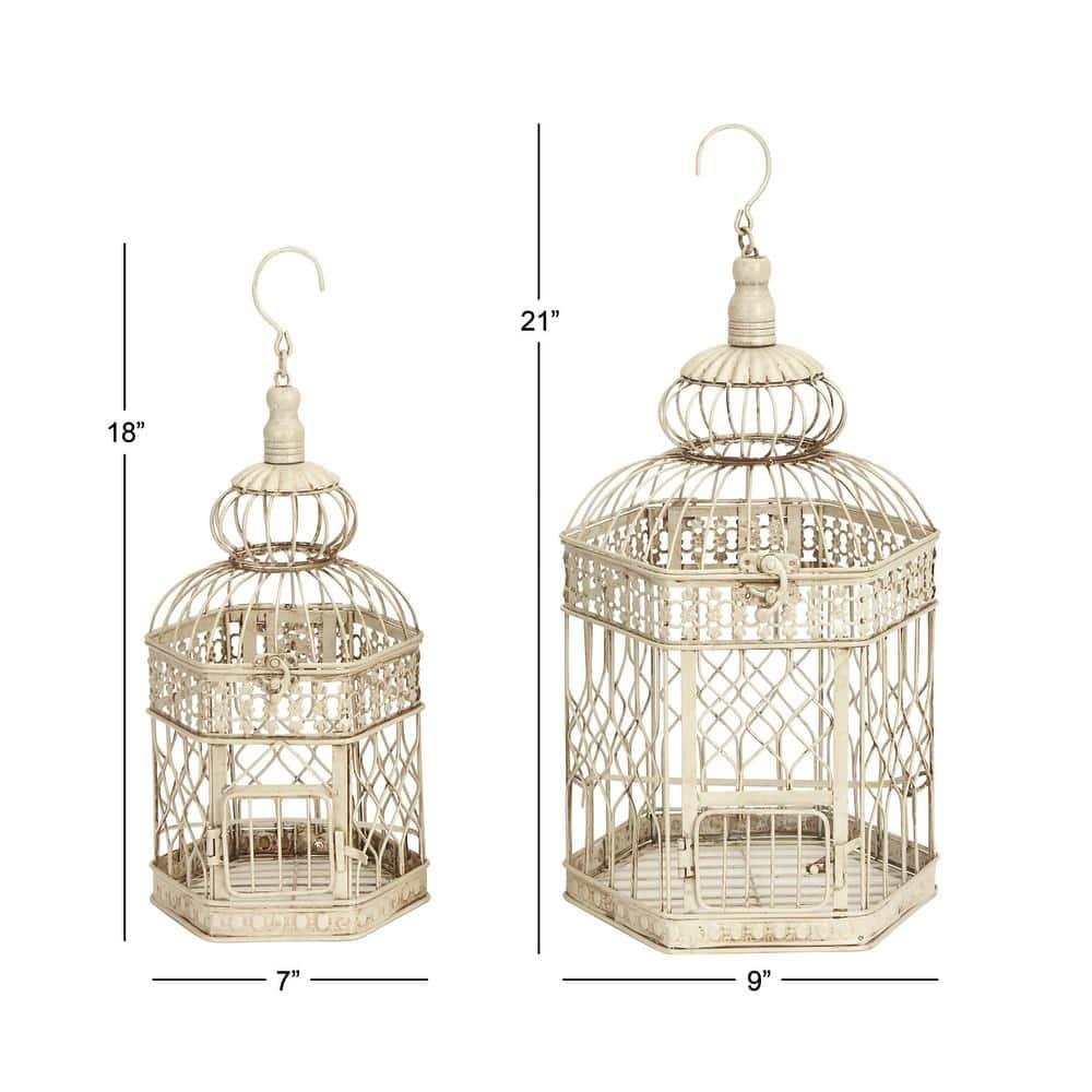 DecMode Cream Vintage Metal Birdcage with Crisscross Vertical Bars and Floral Embossed Design, Set of 2 21", 18"H