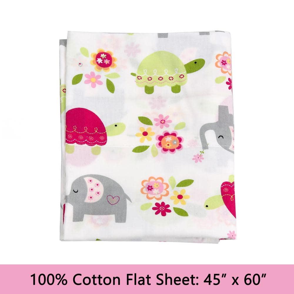 Sweet Floral Friends Baby Elephant Turtle 3 Piece White Pink Grey Cotton Toddler Sheet Set