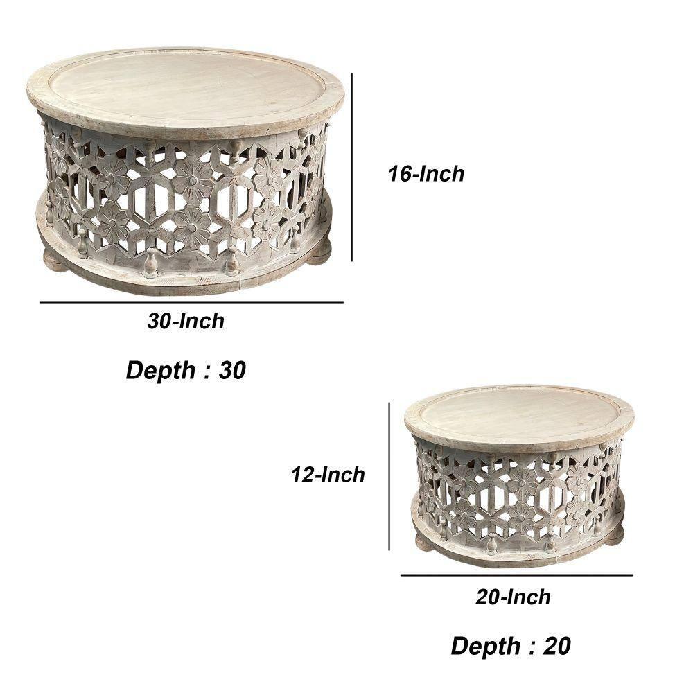16 x 30 x 30 in. 2 Piece Wooden Round Coffee Table Set with Floral Cut Out Design, Antique White