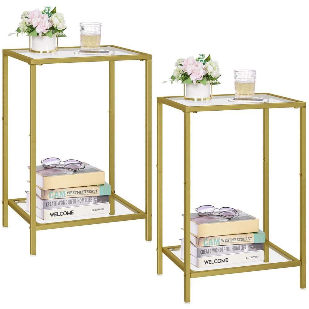 15 in. Gold Metal and Glass Rectangle End Table with 2-Tier Storage