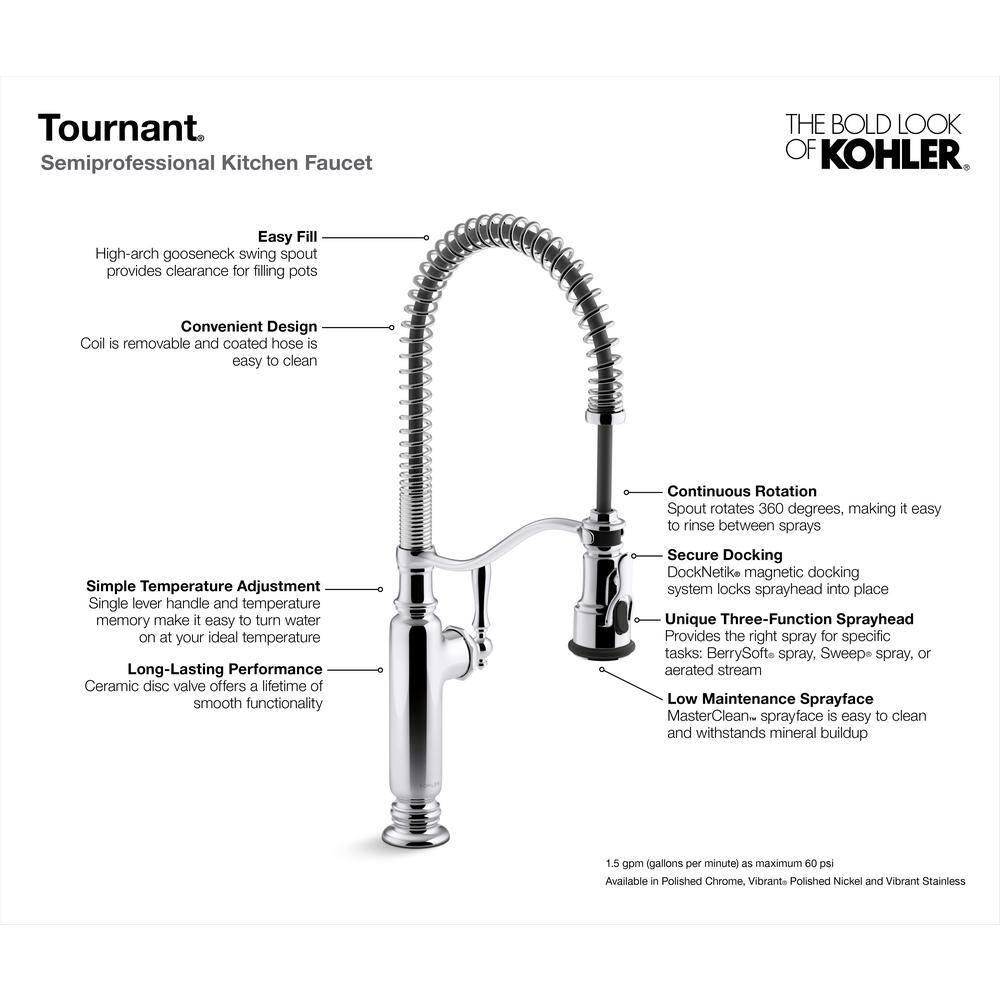 Kohler Tournant® Single Handle Semi-Professional Pre-Rinse Kitchen Faucet with Three-Function Pull Down Sprayer