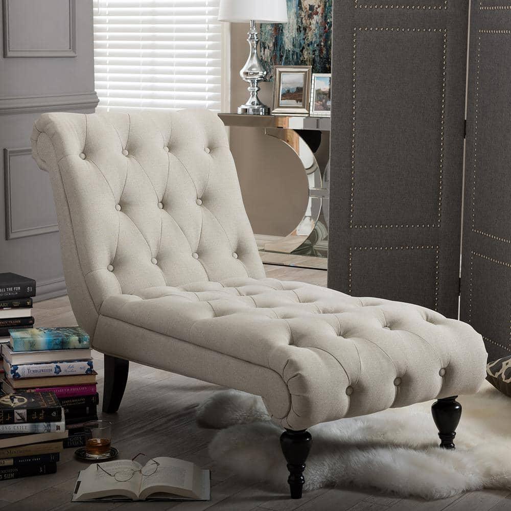 Baxton Studio Layla Mid-century Modern Light Beige Fabric Upholstered Button-tufted Chaise Lounge