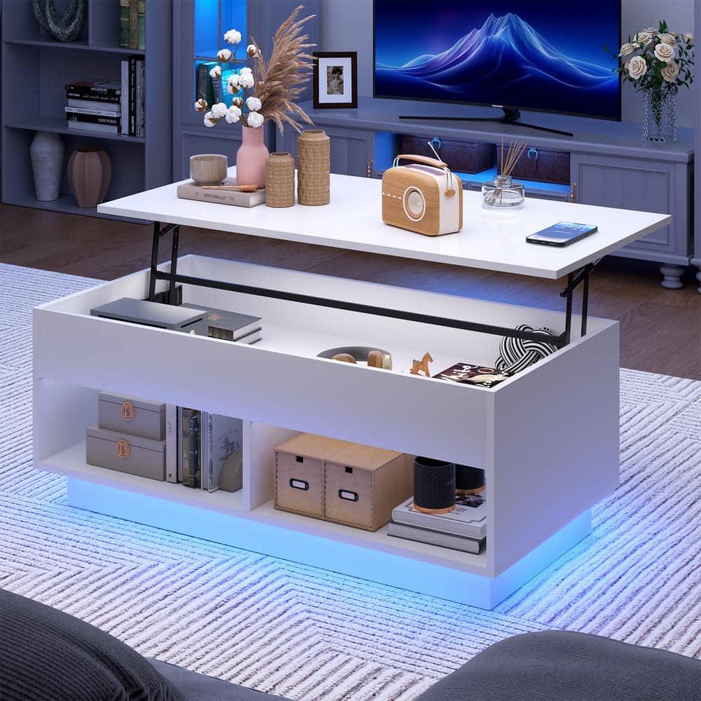 40" Modern Lift Top Coffee Table with Hidden Compartment White Coffee Table with LED Lights High Gloss Cocktail End Table with Open Shelf