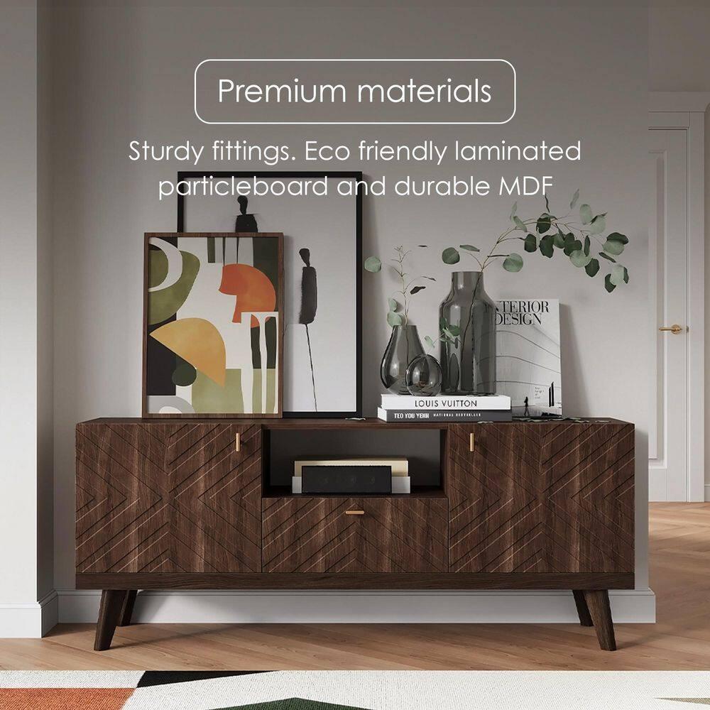 Living Skog  Alba Beige TV Stand Console with Drawer Fits TV's up to 65 in. with Wood Legs Mid Century Modern Design Brown Laminate,MDF Up to 240 lbs