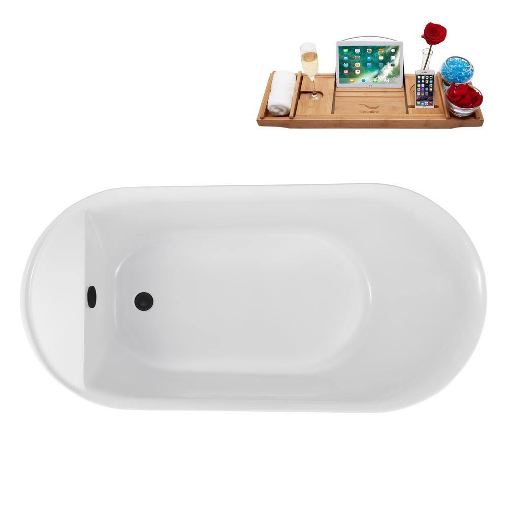 Streamline Bath 59" Streamline Freestanding Soaking Acrylic Bathtub With Drain and Bamboo Tray N2080BL