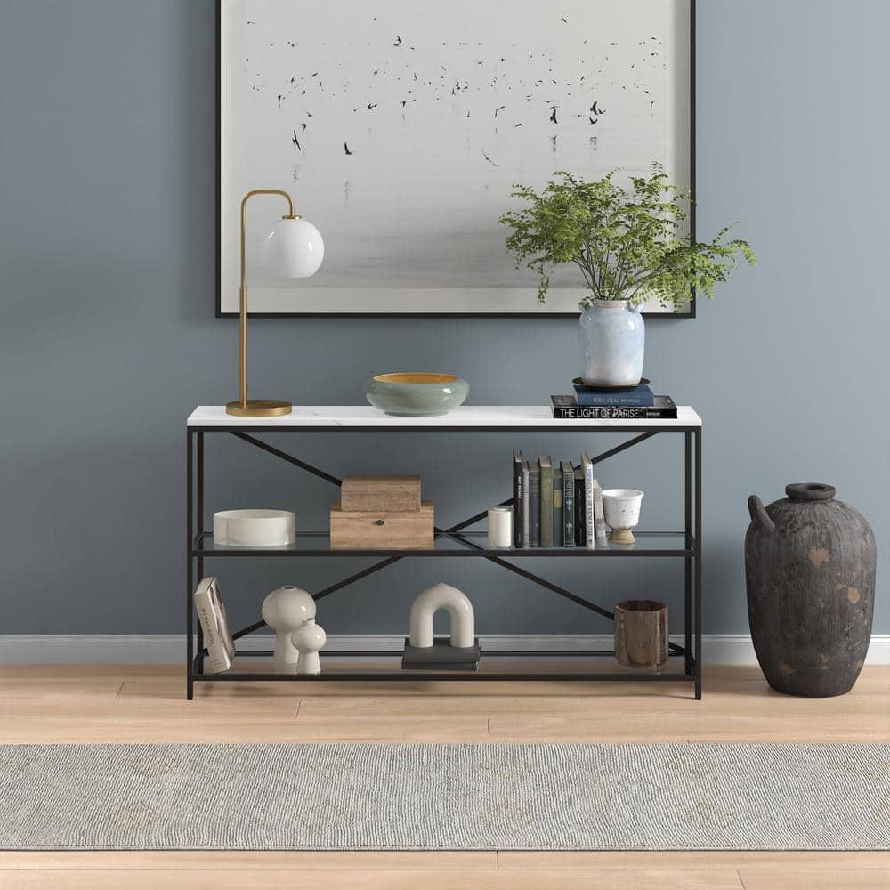 Evelyn&Zoe Fionn 55" Wide Rectangular Console Table with Faux Marble Top, Blackened Bronze