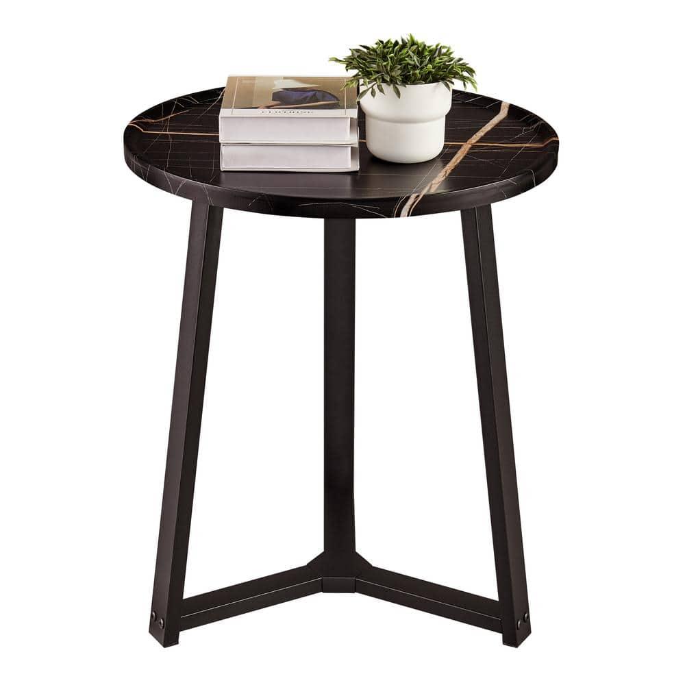 Danya B. 23.3"x19.7" Harper Round Mid-Century Side Accent Table with Modern Pedestal Legs Black Marble/Black: Chic Furniture for Living Room