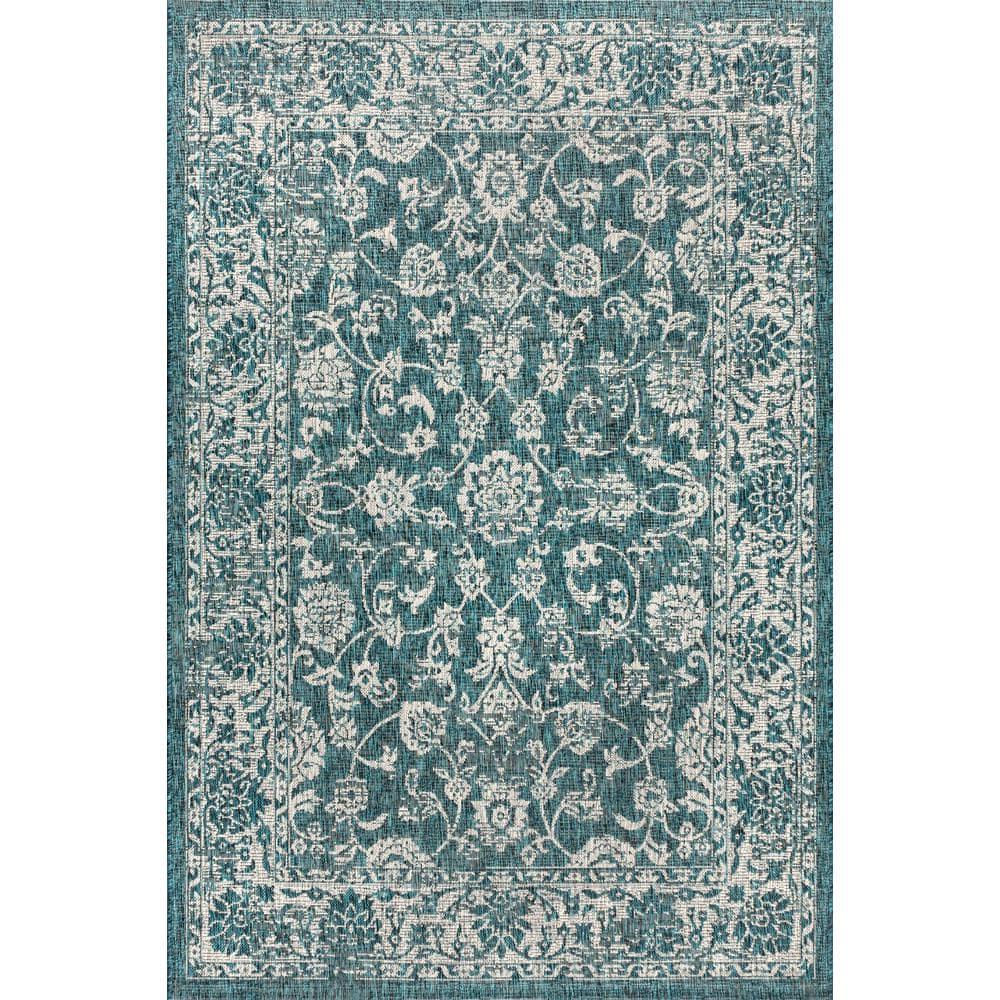 4'x6' Tela Bohemian Textured Weave Floral Indoor/Outdoor Area Rug, Teal/Gray - JONATHAN Y