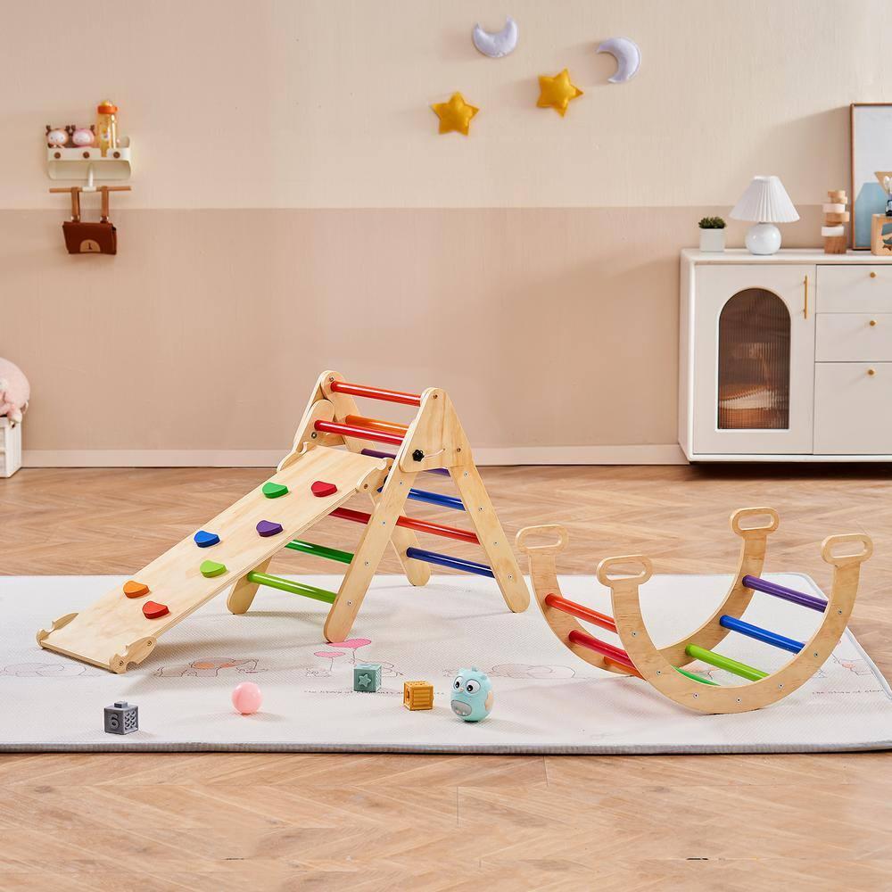 Pikler Triangle Set, 5 in 1 Toddler Climbing Toys Indoor Playground, Ramp, and Arch, Montessori Climbing Set with Triangle, Medium Size Wooden Climbing Gym for Toddlers 1-3 Years, Colorful