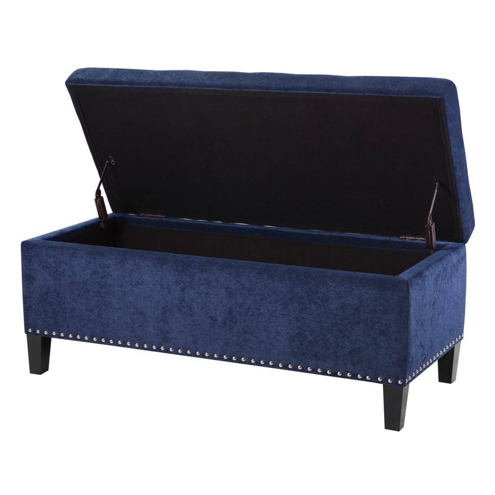 18" Shandra Bench Storage Ottoman with Tufted Top Blue - Home: Faux Leather, Rectangular, Wood Legs, Polyester Upholstered