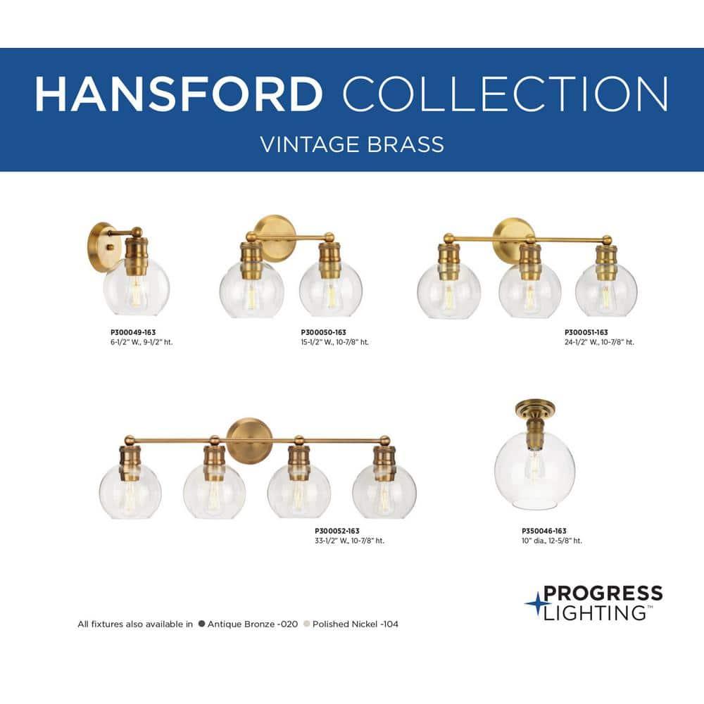 Progress Lighting, Hansford, 1-Light Flush Mount, Vintage Brass, Clear Globe Shade