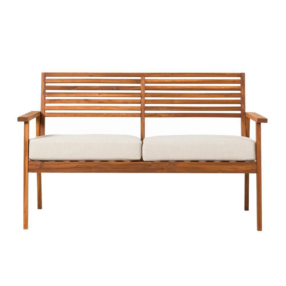 Modern Brown Solid Acacia Wood Outdoor Loveseat with Cushions