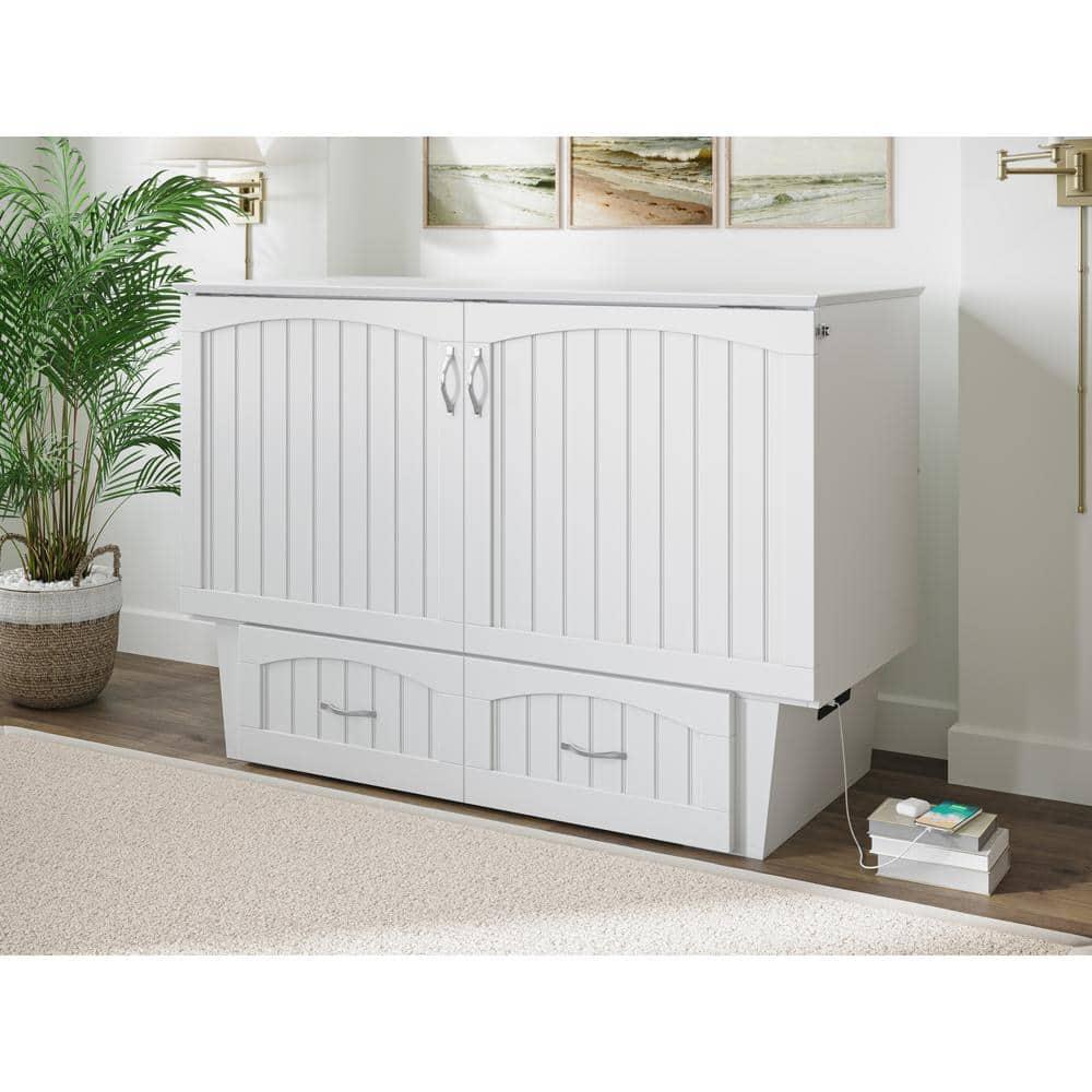 Nantucket Full Size Wood Murphy Bed Chest w/Mattress & Built-in Charger in White