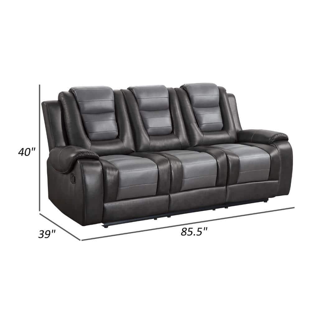 Istro 86 Inch Dual Manual Recliner Sofa, Drop Table, Gray Faux Leather