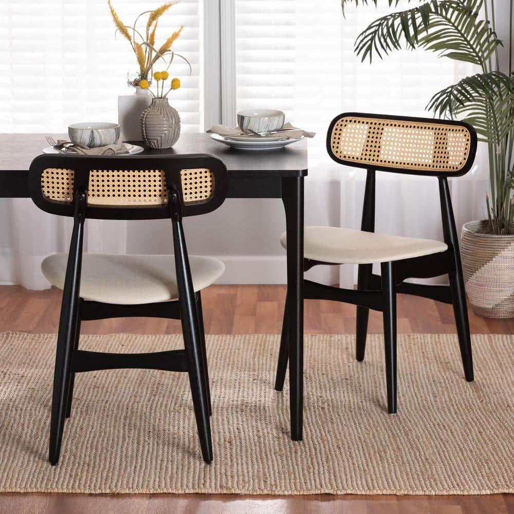 Bayou Breeze Set of 2 Black Wood Dining Chairs with Rattan Backrest (Set of 2)