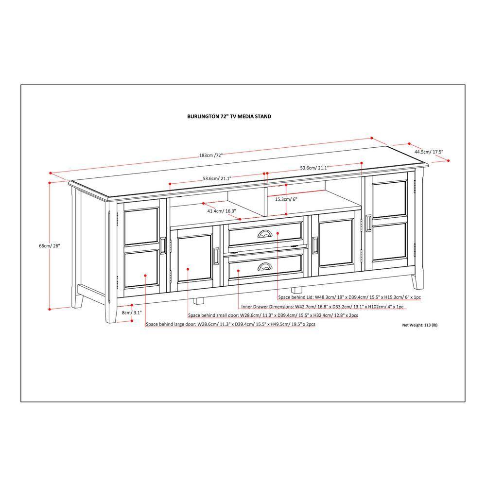 Simpli Home Burlington 72"W Solid Wood TV Stand for TVs up to 80" with 4 Cabinets