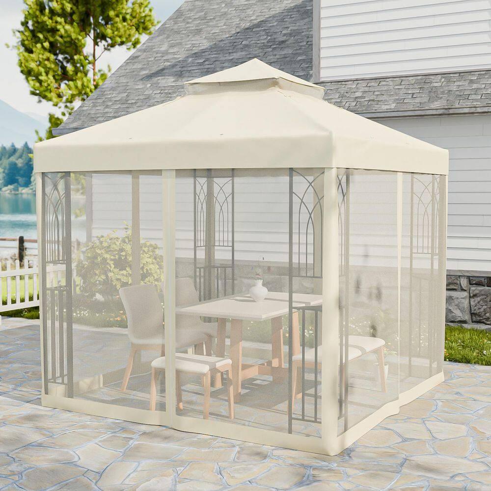 COOS BAY 8 Ft. W x 8 Ft. D Steel Frame Vented Soft Top Patio Gazebo with Mesh Netting, Corner Shelves