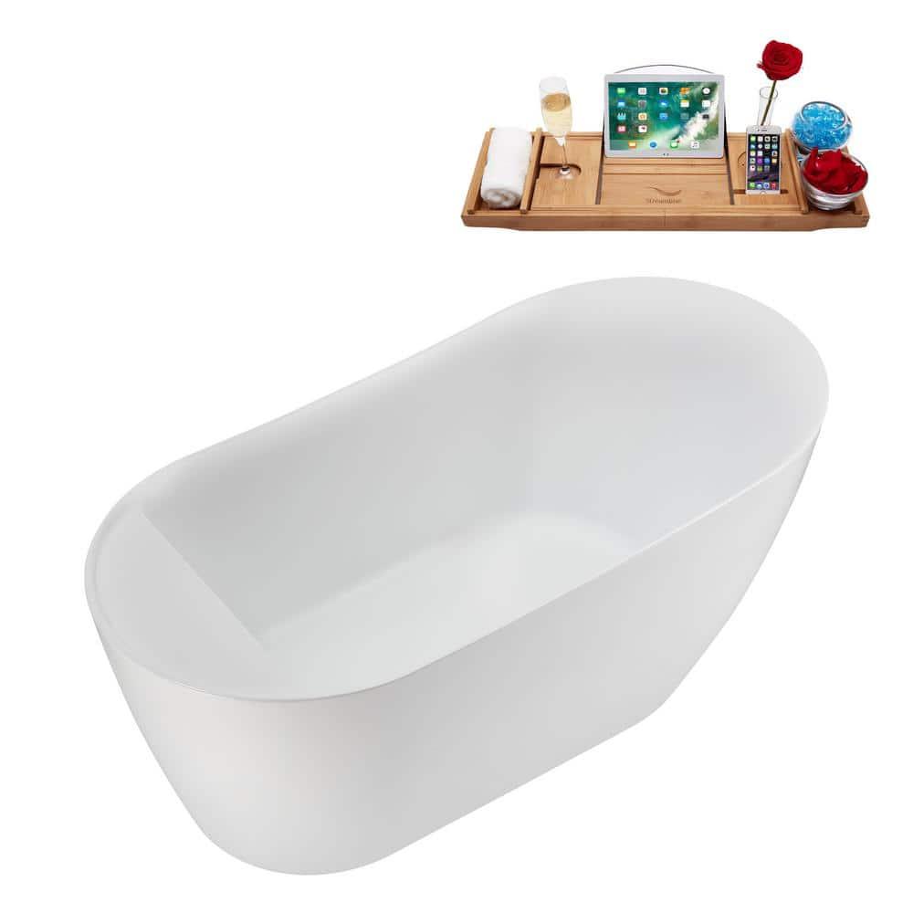 Streamline Bath 59" Streamline Freestanding Soaking Acrylic Bathtub With Drain and Bamboo Tray N2080BL