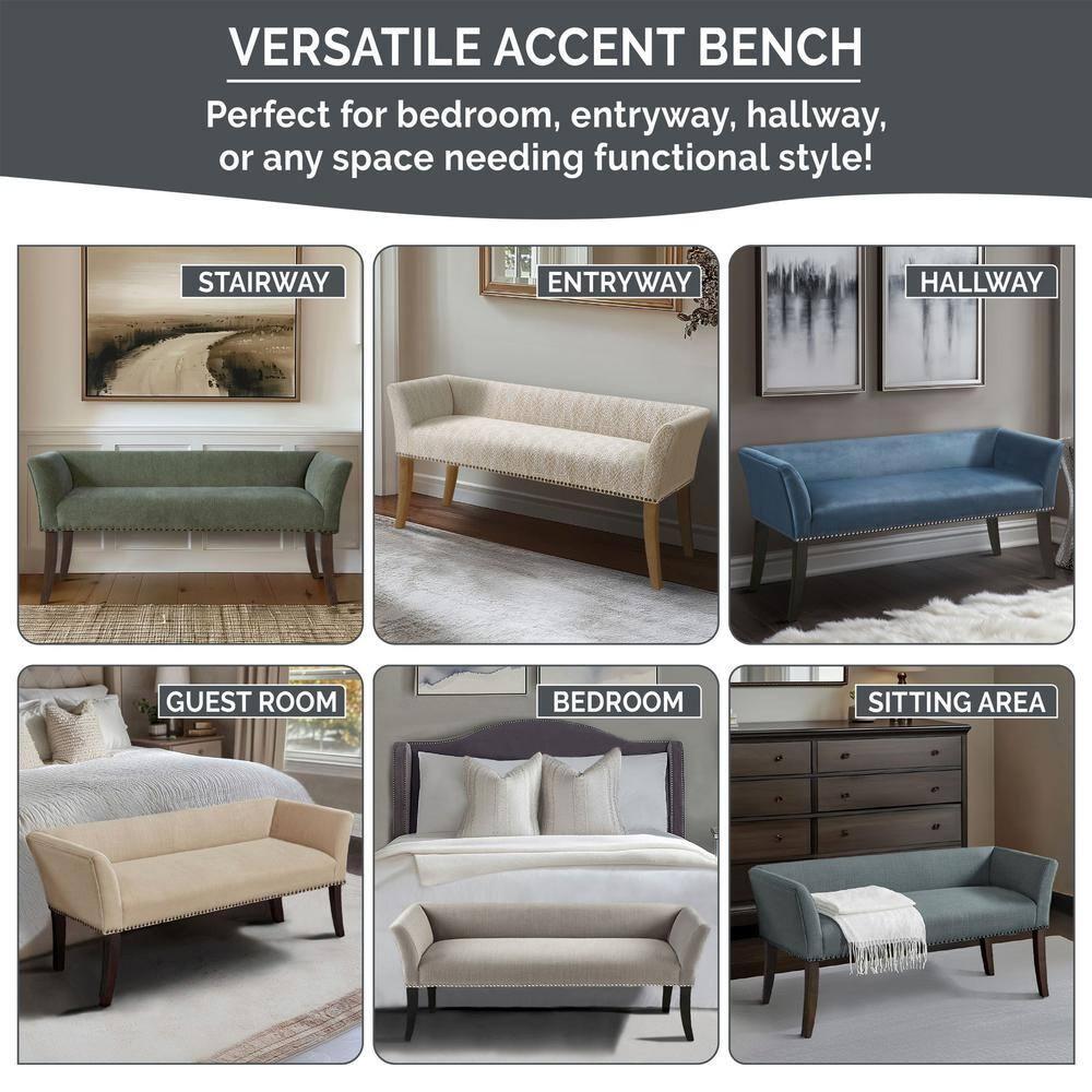 Madera Accent Bench Taupe: Madison Park, Rectangle, Nailhead Trim, Polyester Upholstery, Wood Legs