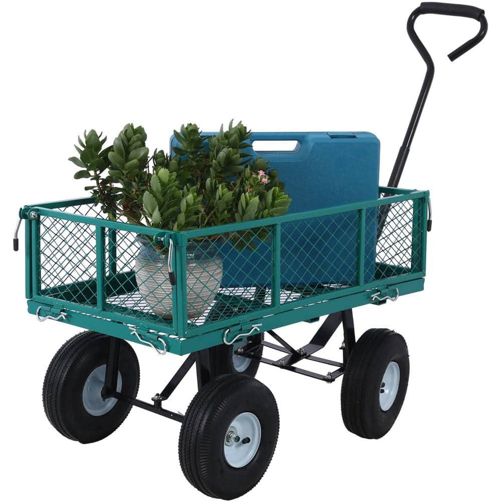 Steel Garden Cart with Steel Mesh Removable Sides, 550 lb Capacity Heavy Duty Yard Cart, 3 cu ft Foldable Metal Wagon for Garden, Green
