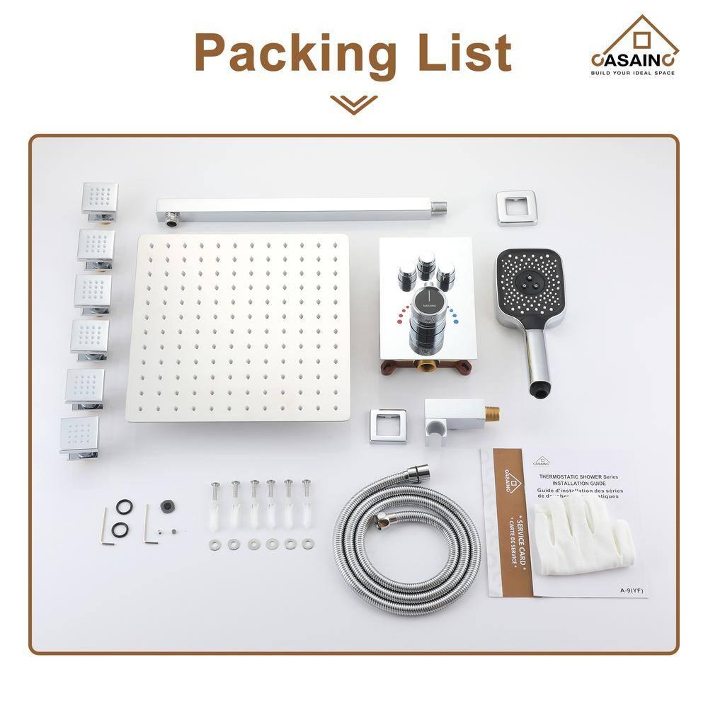 Revitalize 3-Function 12 Inch Wall Mount Rainfall Thermostatic Shower System with 6 Body Jets