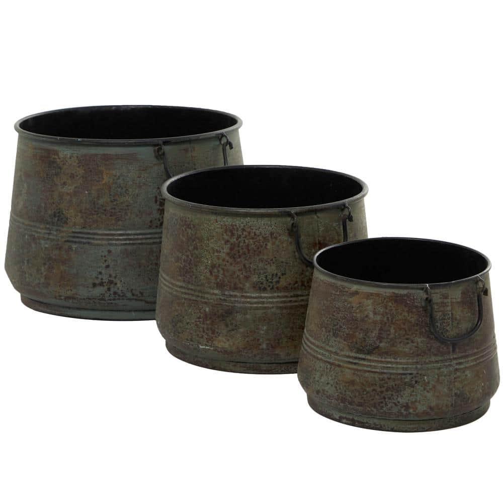 Gracie Oaks Cowden 3 Piece Metal Distressed Bucket Style Indoor Outdoor Bronze Planter with Side Ring Handles Set