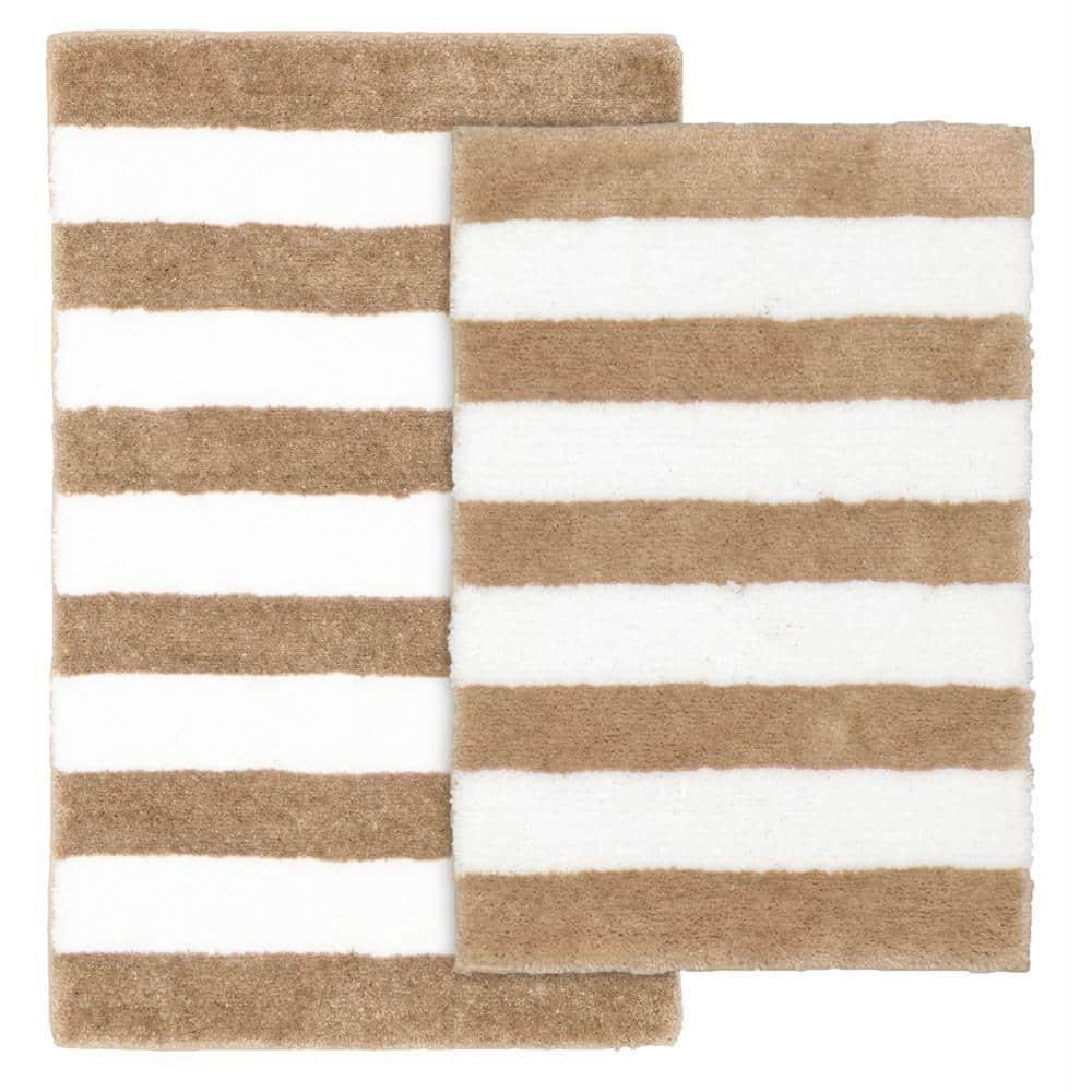 Garland Rug Beach Stripe Washable Bath Rug Set, 2 Piece Set (17"x24" Bath Rug, & 21"x34" Bath Rug) Tan/White