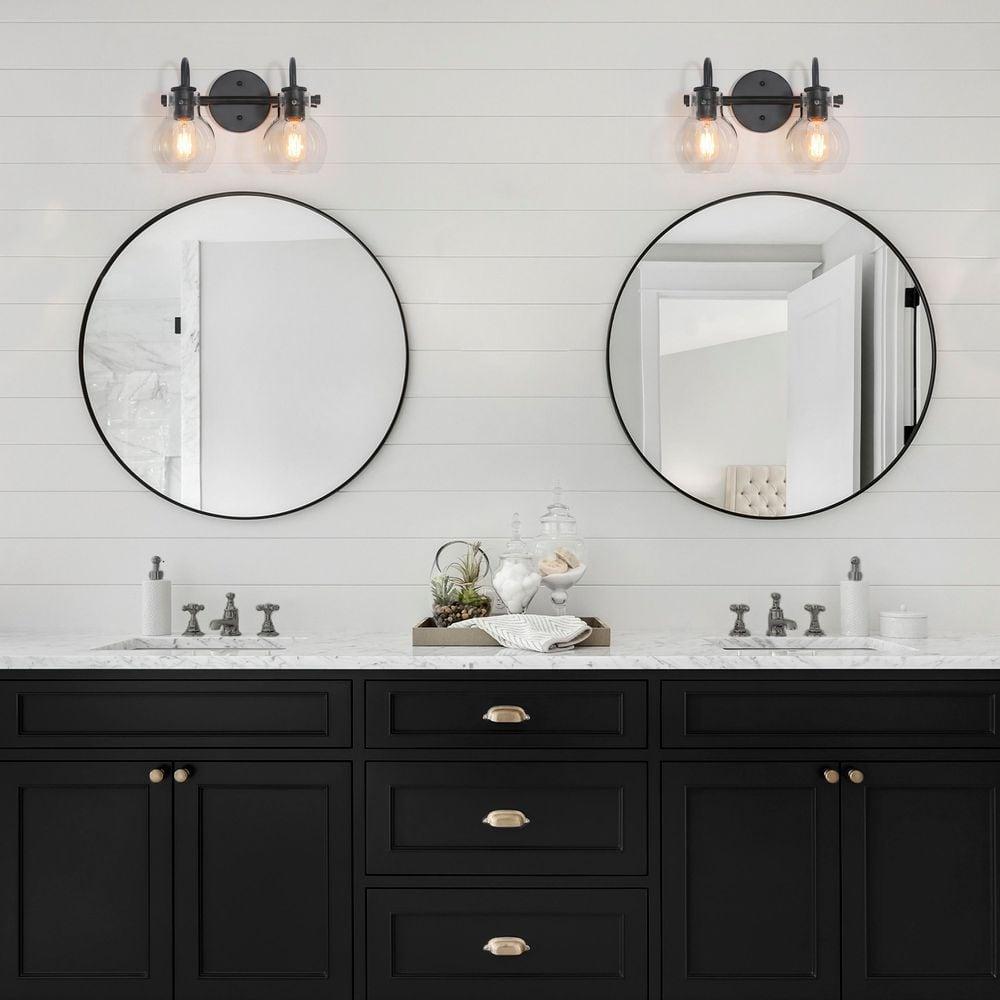 13" Black Metal Vanity Light with Clear Glass Globe Shades