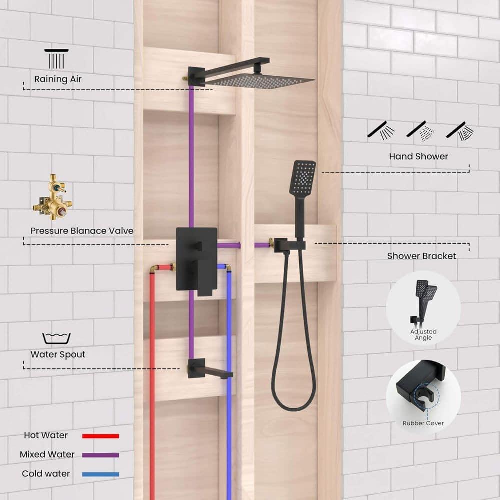 Kibi USA Cube Pressure Balanced 3-Function Shower System with Rough-In Valve Matte Black Matte