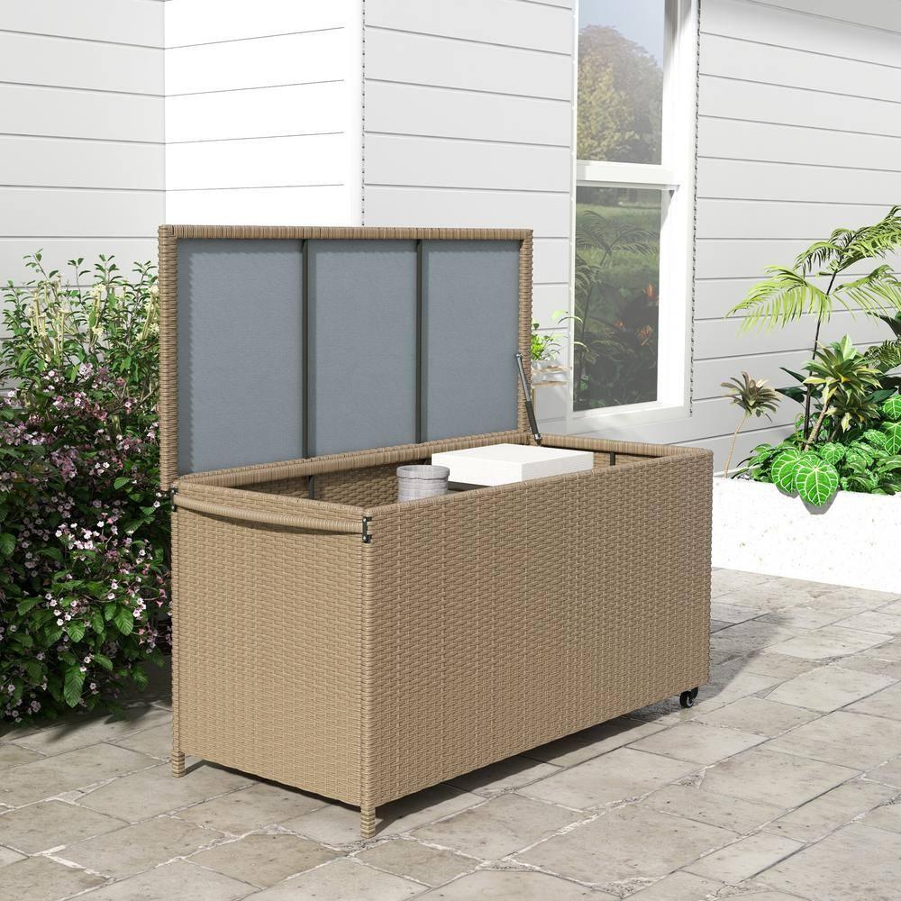 Tryimagine Outsunny 83 Gallon Deck Box, Large Outdoor Storage Chest, PE Wicker Trunk For Outside On Wheels For Garden Tools, Pool Toys & Patio Furniture Cushions