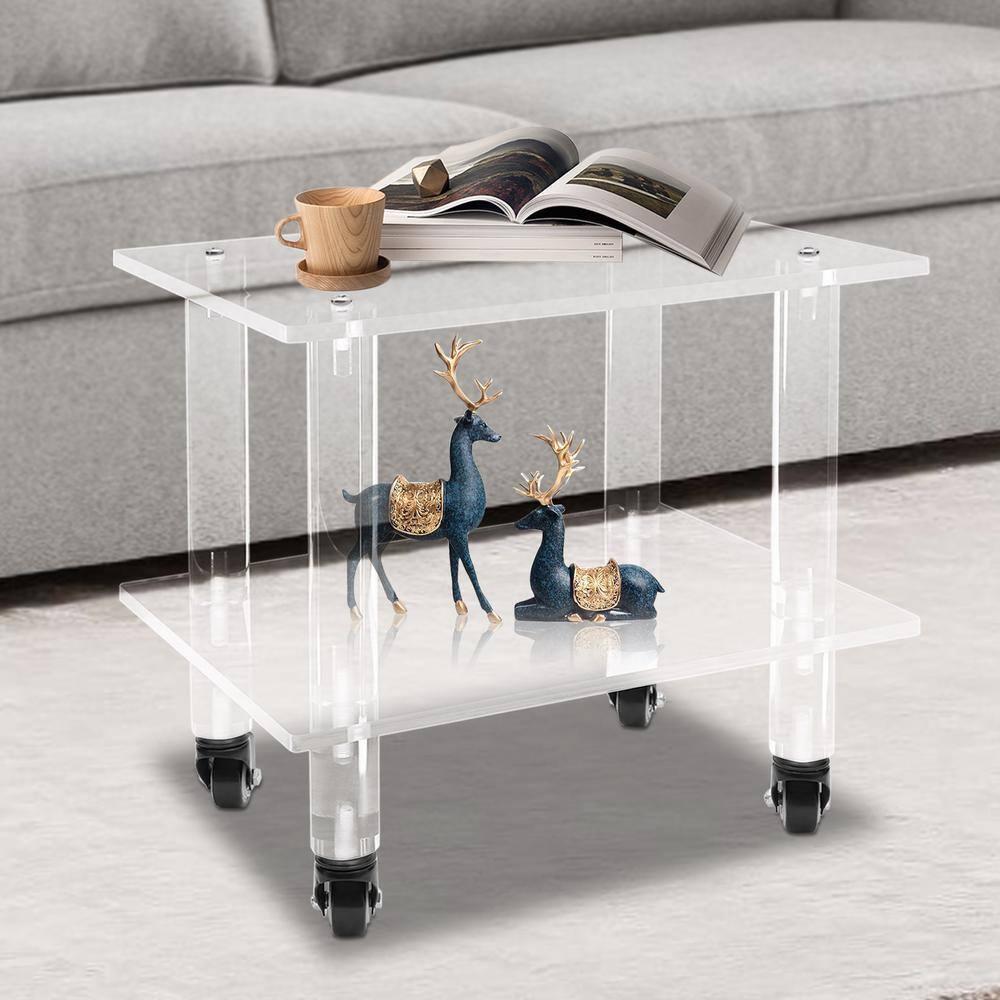 2-Tier Rolling Under Desk Printer Stand Cart with Storage Shelves, Clear Acrylic Printer Rack with Wheels for Home, Office 11.8 Width
