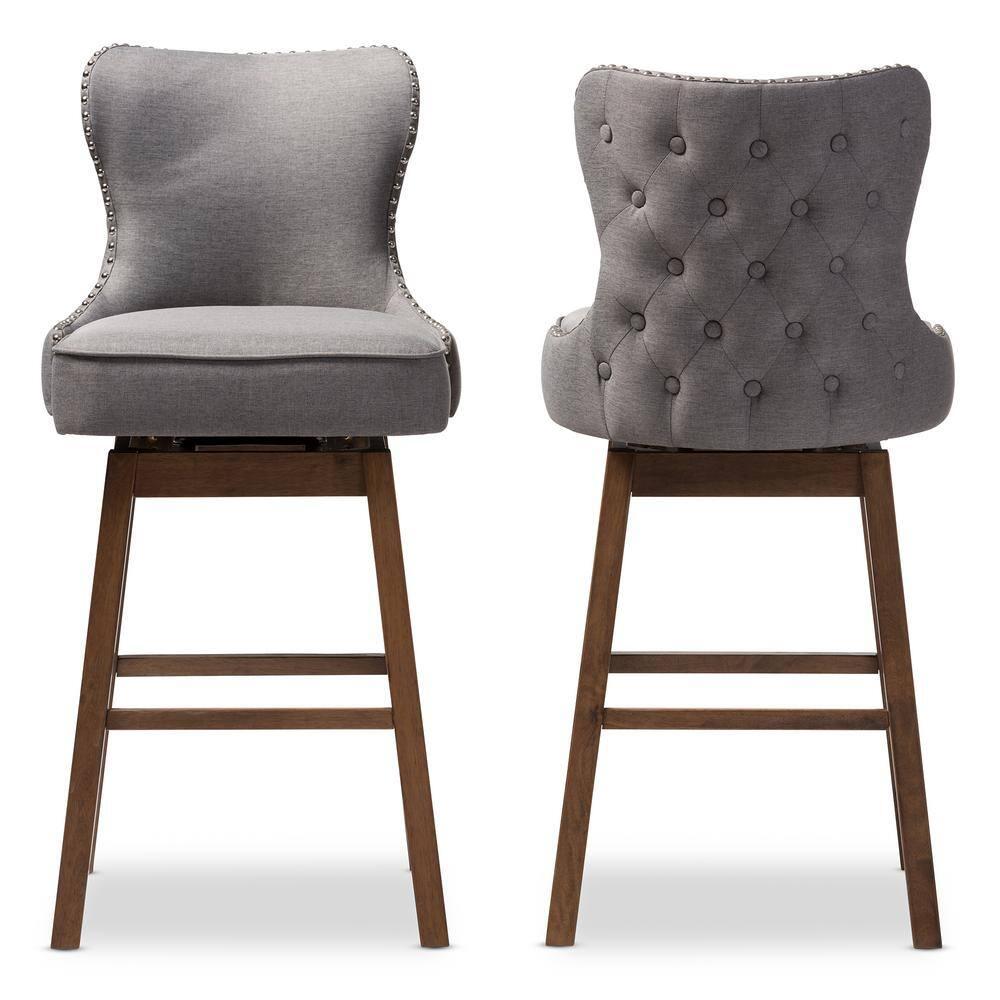 Gradisca Swivel Barstools with Button-Tufting & Nail Heads Trim: Polyester Upholstery - Baxton Studio