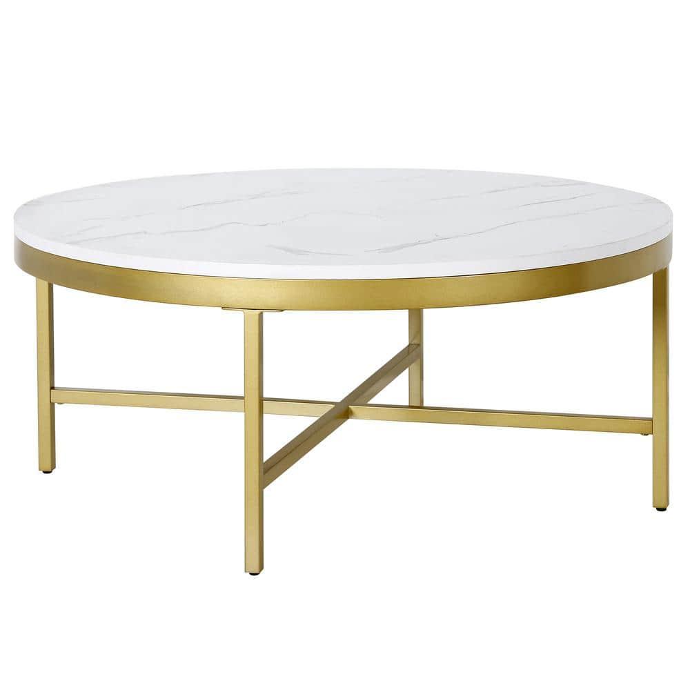 Henn&Hart Brass Finish Coffee Table with Faux Marble Top