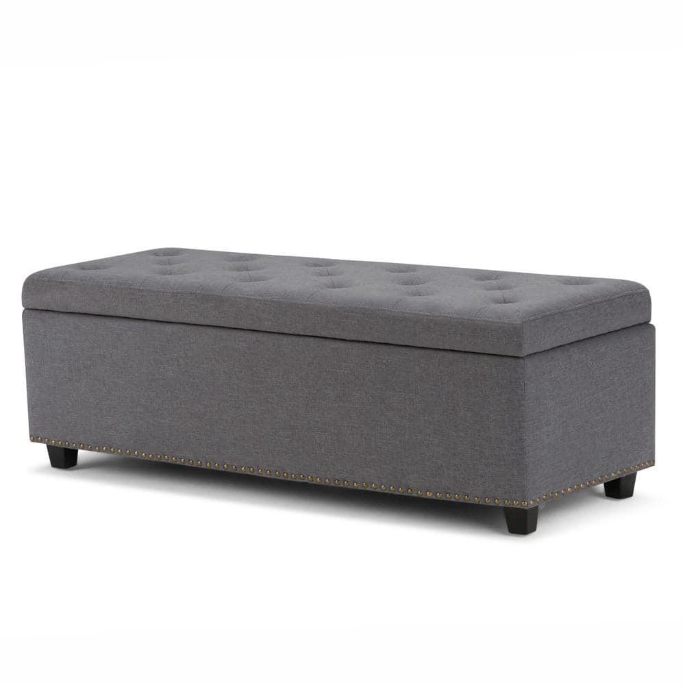 Simpli Home Hamilton 48" Transitional Rectangle Ottoman in Gray Linen Look Fabric