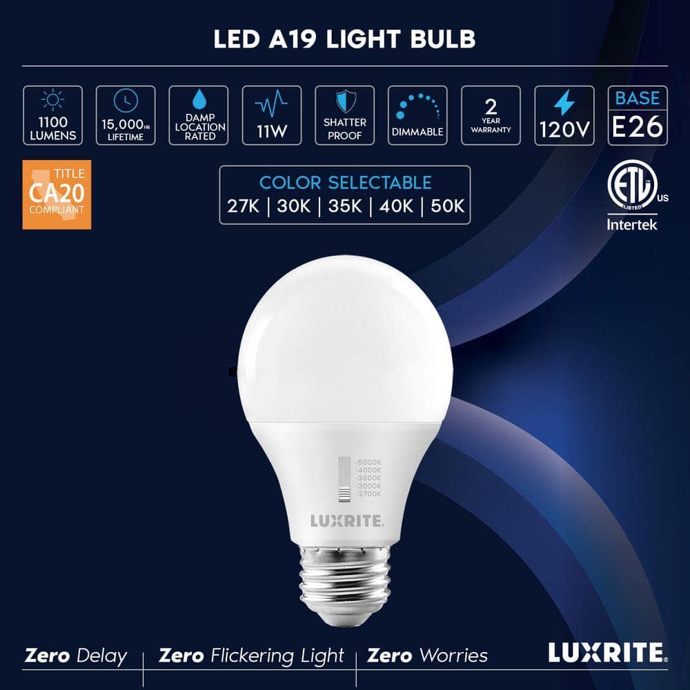 LUXRITE A19 LED Light Bulb 75 Watt Equivalent, CRI90, 5CCT Selectable 2700K 3000K 3500K 4000K 5000K, Dimmable, 1100LM, Standard LED Light Bulbs 11W, E26 Medium Base, ETL - Indoor Outdoor (12 Pack)
