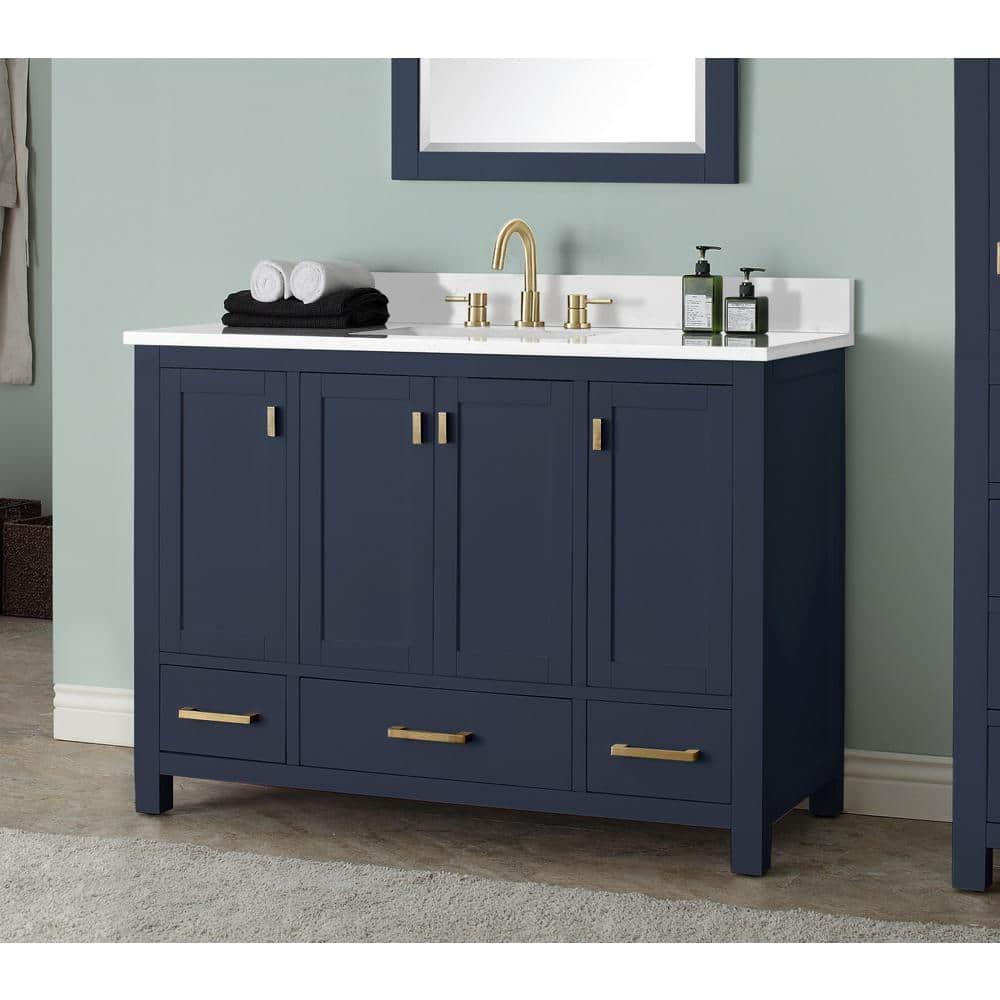 Navy Blue Solid Wood Single Sink Vanity with Stone Top